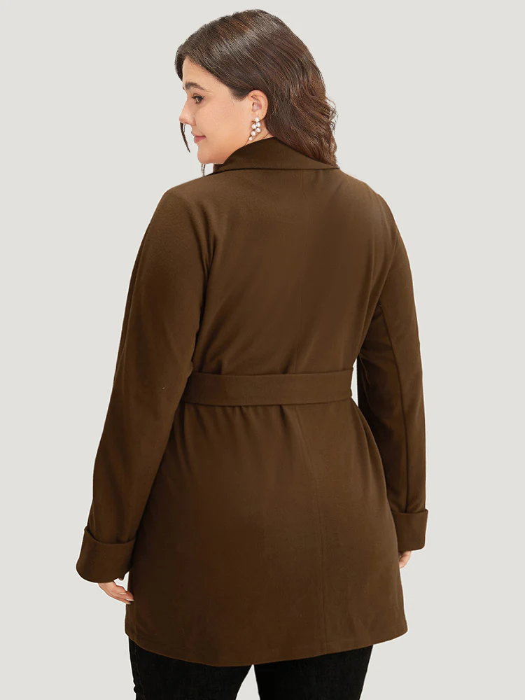 Plain Lapel Collar Pocket Belted Coat - Image 2