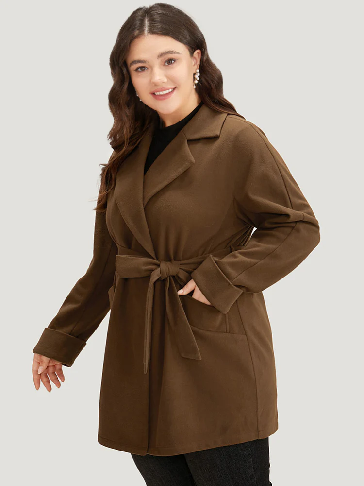 Plain Lapel Collar Pocket Belted Coat - Image 3