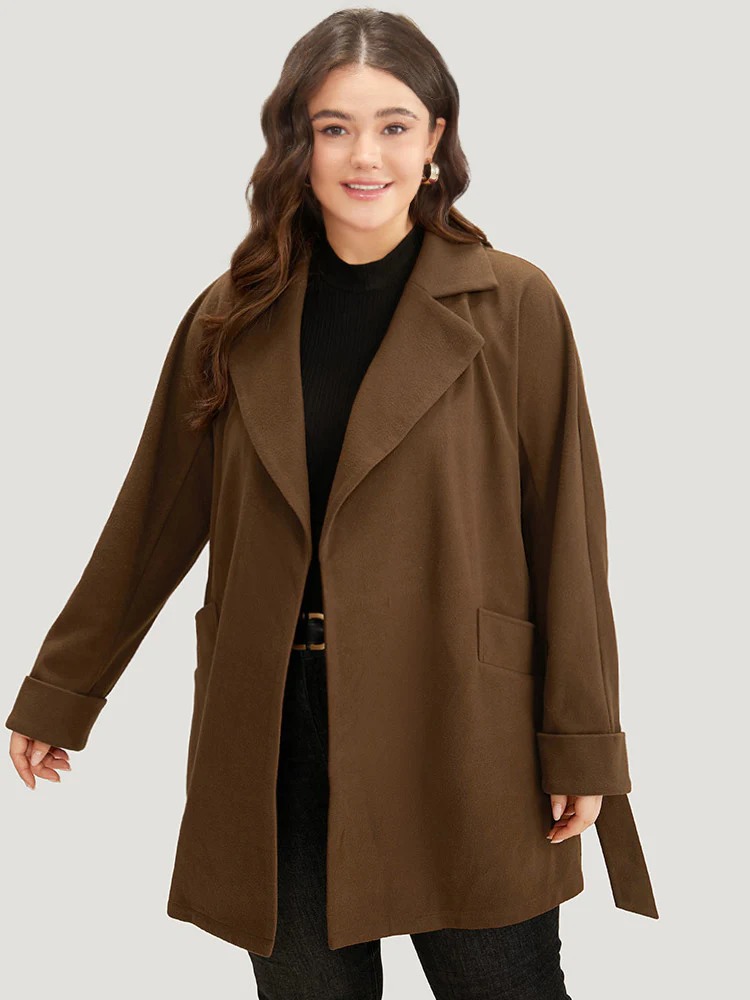 Plain Lapel Collar Pocket Belted Coat - Image 6