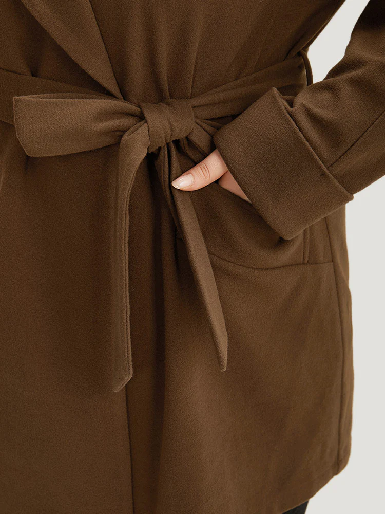 Plain Lapel Collar Pocket Belted Coat - Image 7