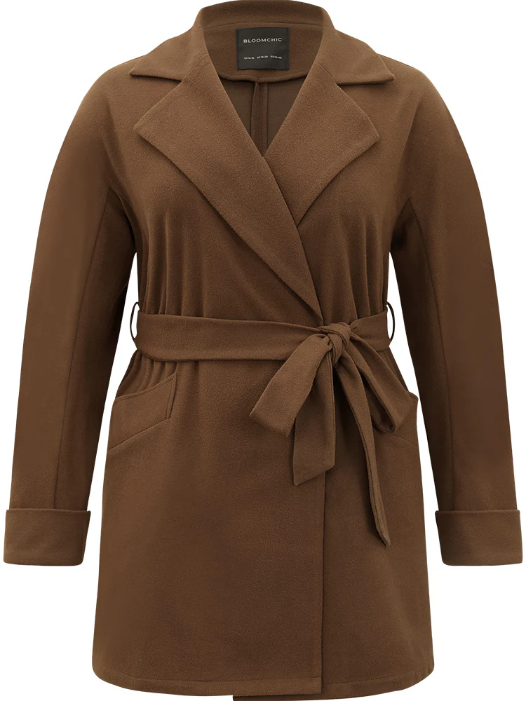 Plain Lapel Collar Pocket Belted Coat - Image 9
