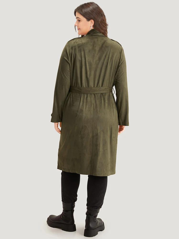 Plain Lapel Collar Pocket Belted Faux Suede Coat - Image 2
