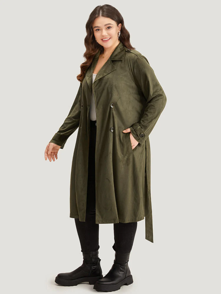 Plain Lapel Collar Pocket Belted Faux Suede Coat - Image 3