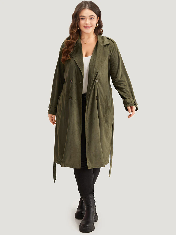 Plain Lapel Collar Pocket Belted Faux Suede Coat - Image 4