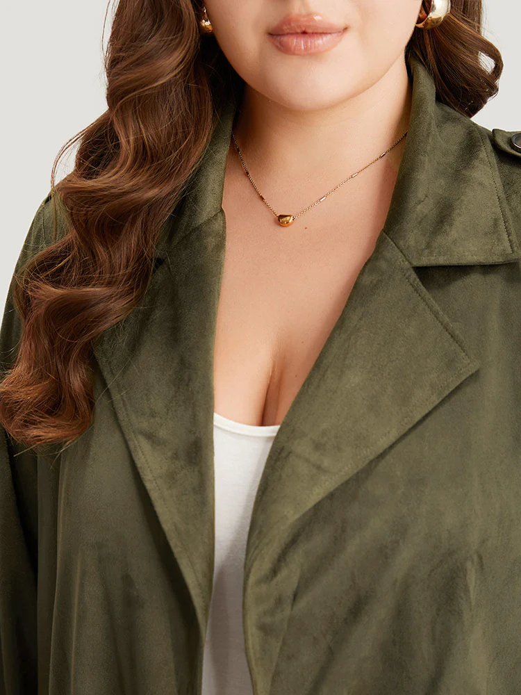 Plain Lapel Collar Pocket Belted Faux Suede Coat - Image 6