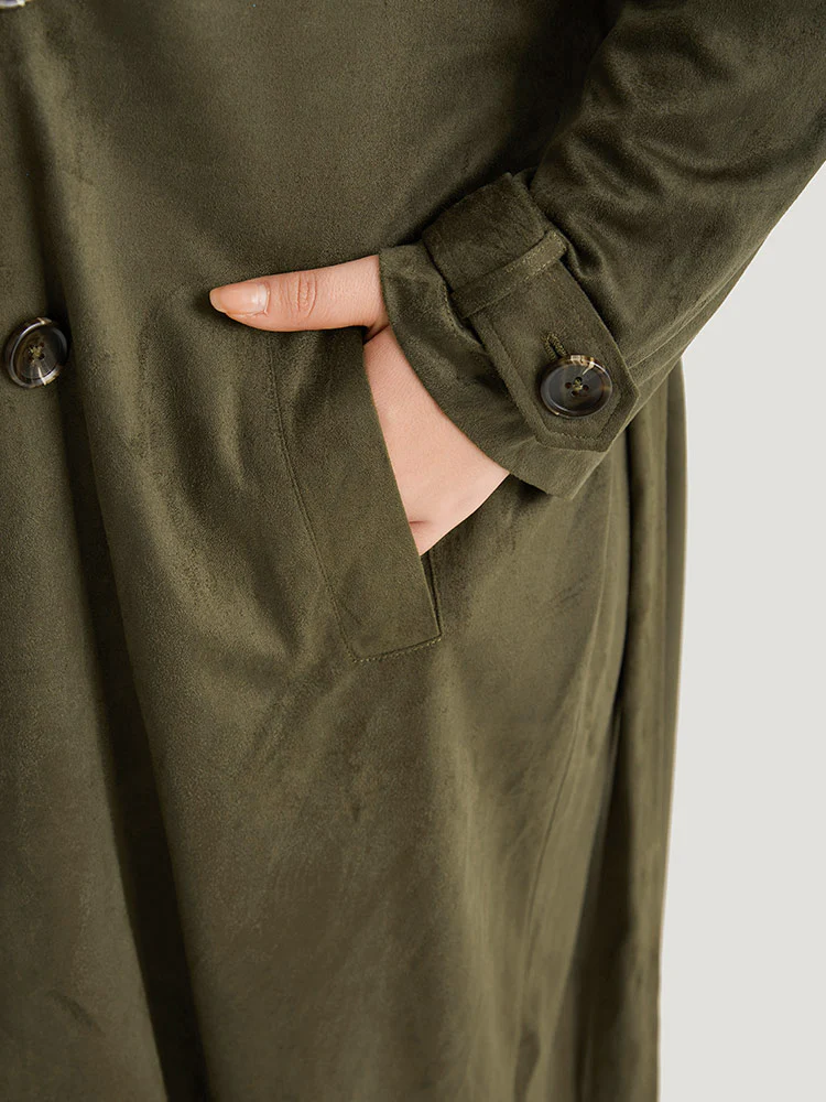 Plain Lapel Collar Pocket Belted Faux Suede Coat - Image 7