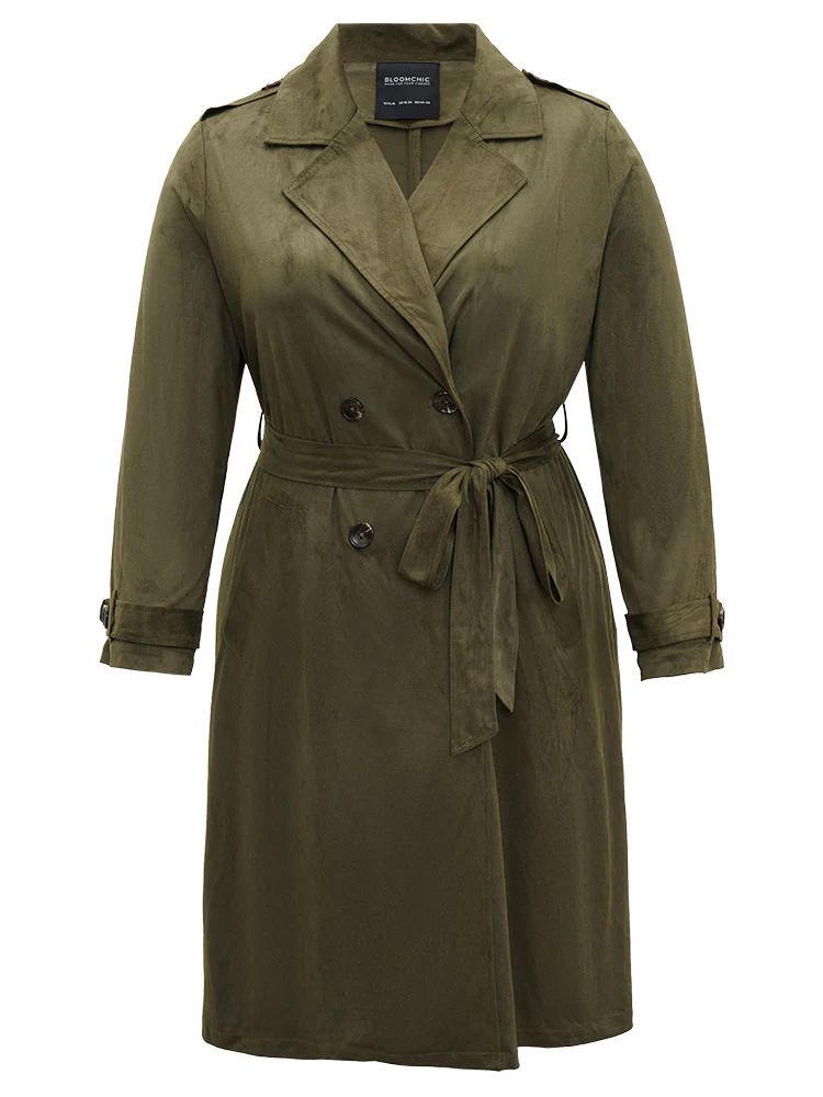 Plain Lapel Collar Pocket Belted Faux Suede Coat - Image 8
