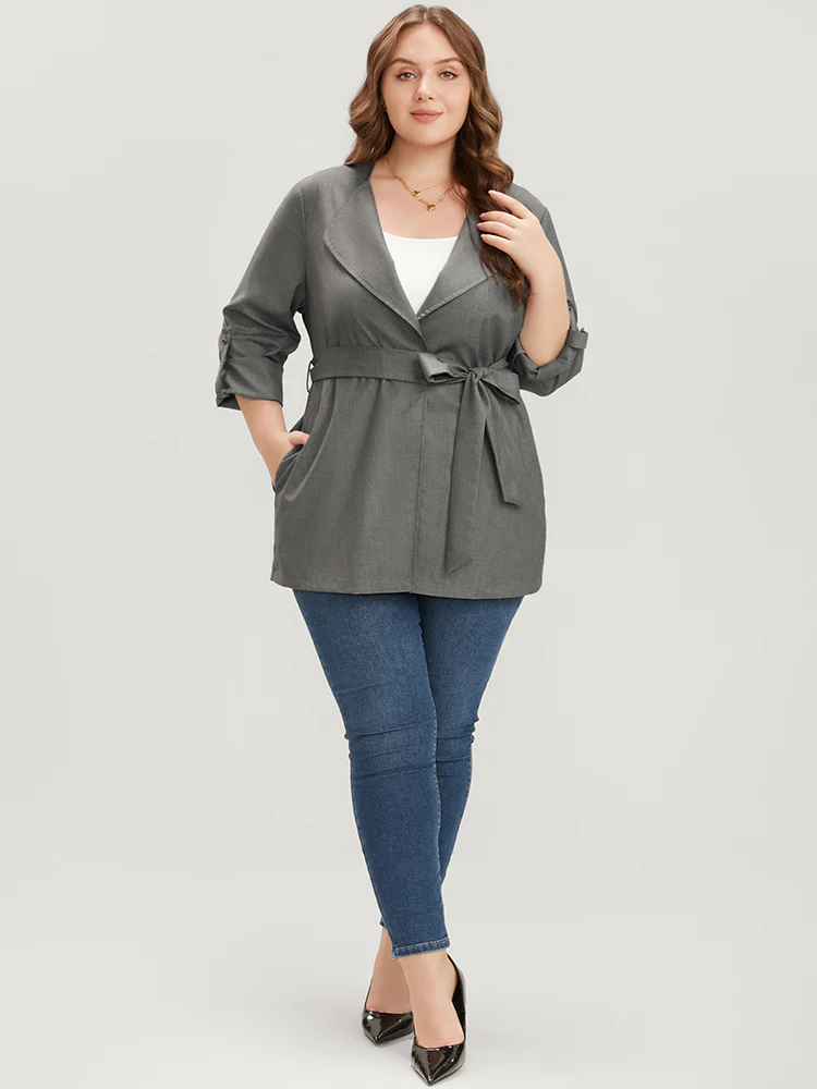 Plain Lapel Collar Pocket Roll Sleeve Belted Coat - Image 2