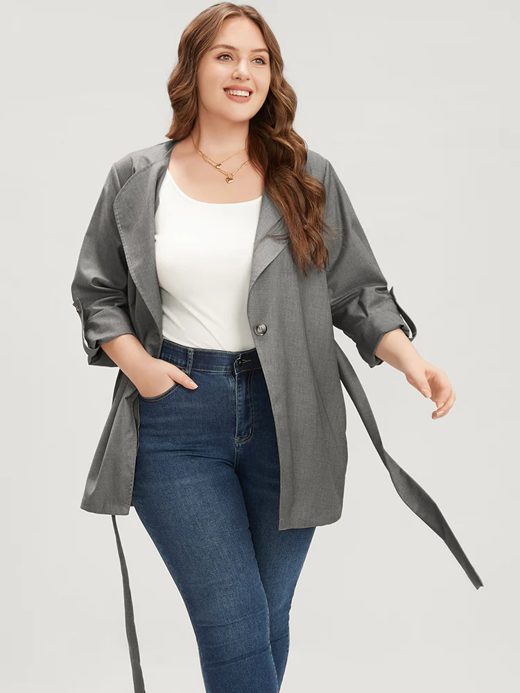 Plain Lapel Collar Pocket Roll Sleeve Belted Coat - Image 4