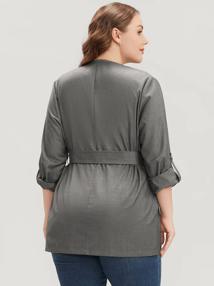 Plain Lapel Collar Pocket Roll Sleeve Belted Coat - Image 5