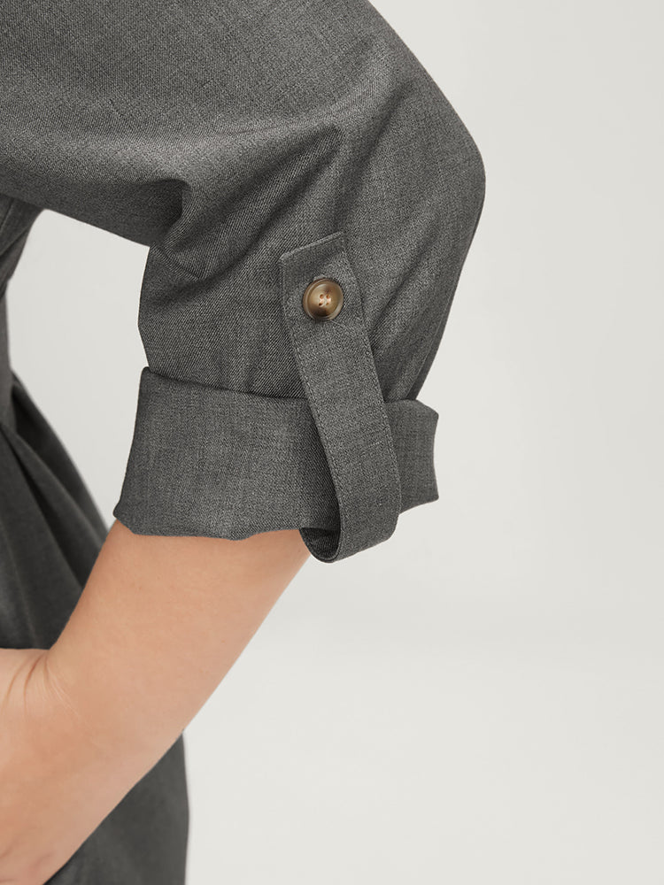 Plain Lapel Collar Pocket Roll Sleeve Belted Coat - Image 6