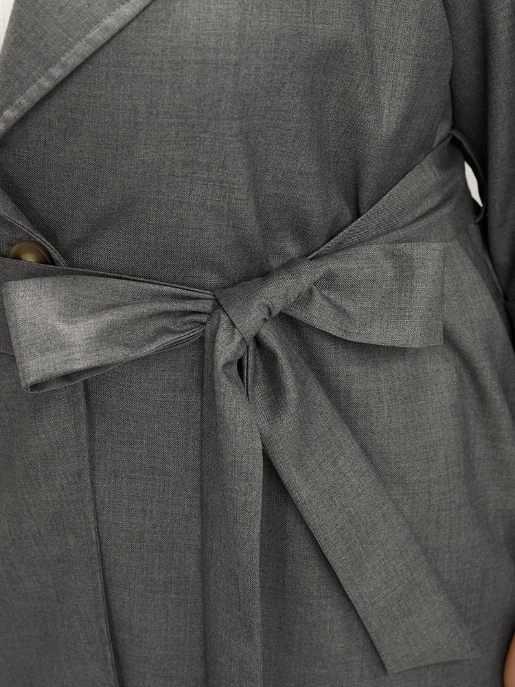 Plain Lapel Collar Pocket Roll Sleeve Belted Coat - Image 8