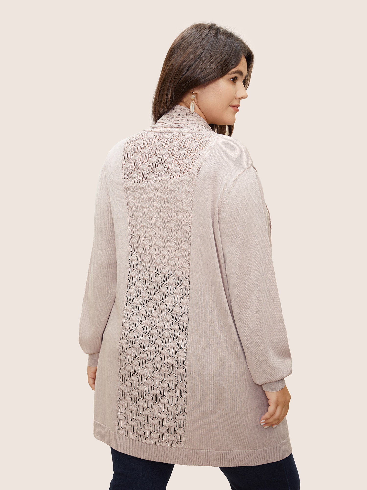 Plain Lapel Collar Pointelle Knit Backless Cardigan - Image 2