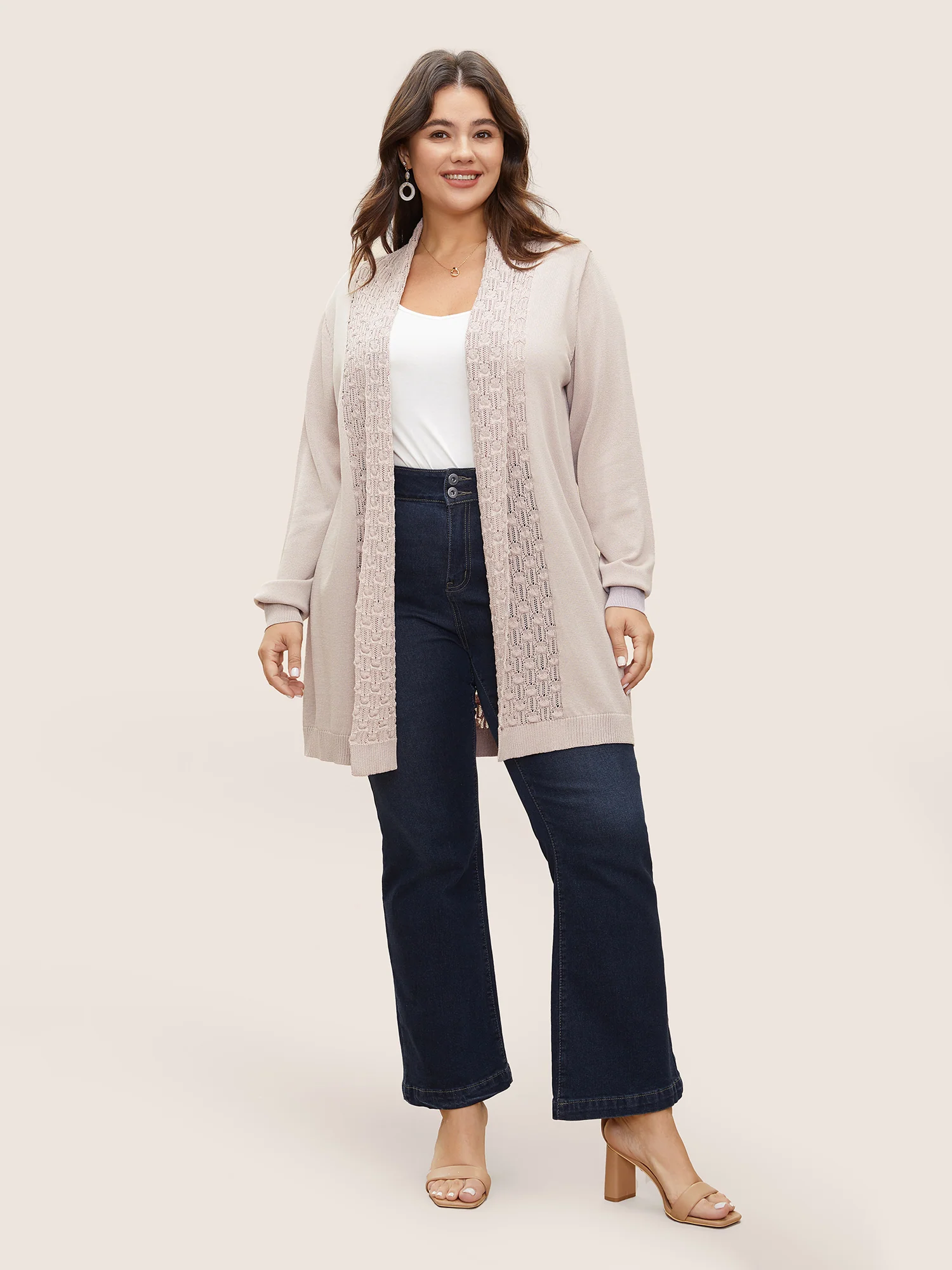 Plain Lapel Collar Pointelle Knit Backless Cardigan - Image 3