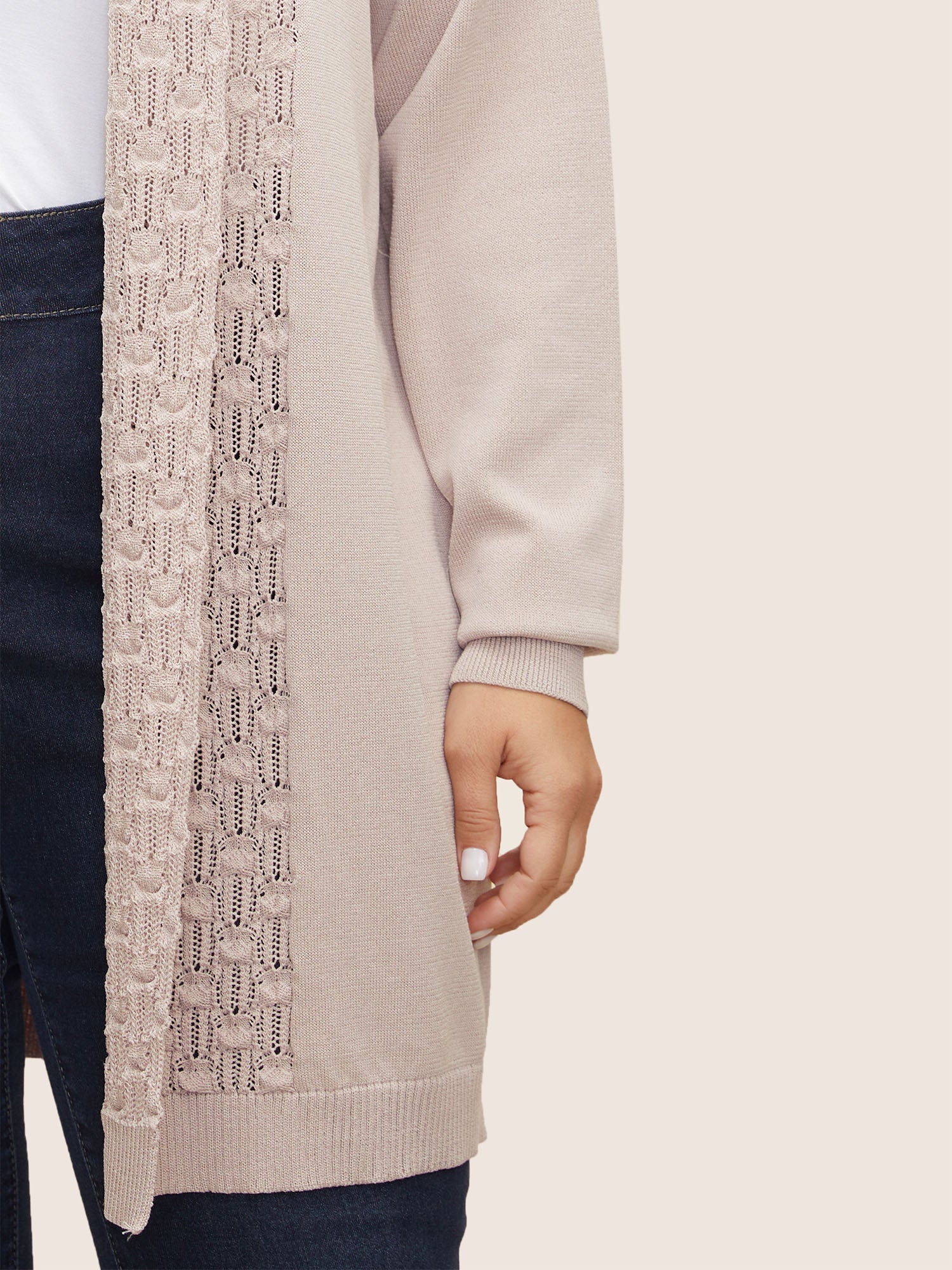 Plain Lapel Collar Pointelle Knit Backless Cardigan - Image 4