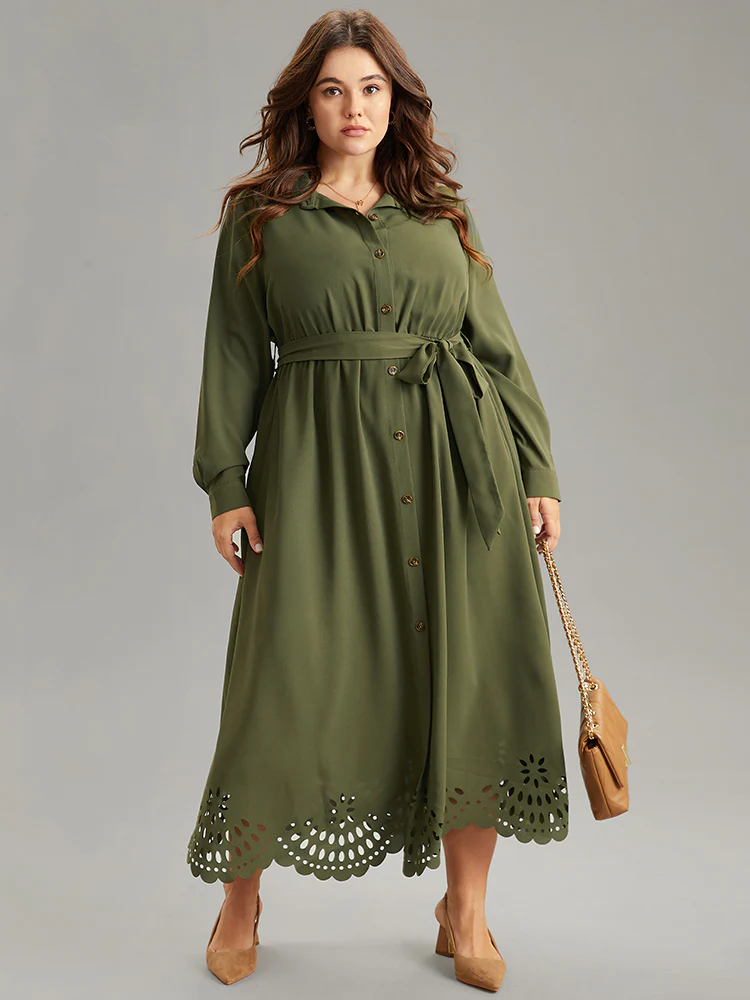 Plain Laser Cut Button Through Belted Dress - Image 2
