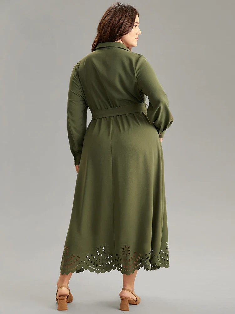 Plain Laser Cut Button Through Belted Dress - Image 4