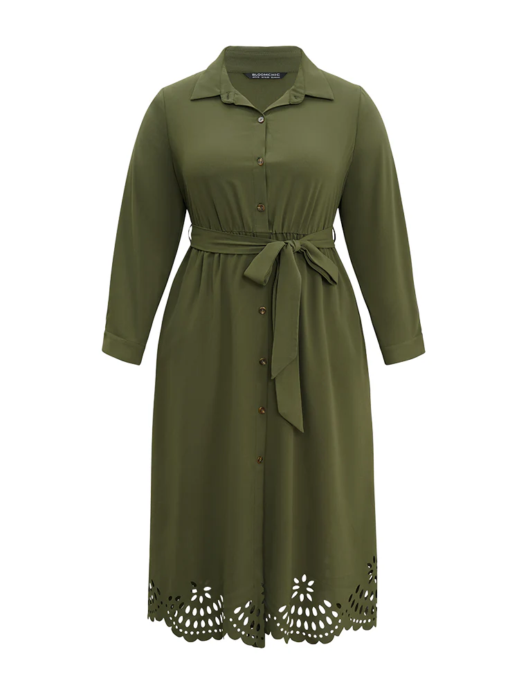 Plain Laser Cut Button Through Belted Dress - Image 5
