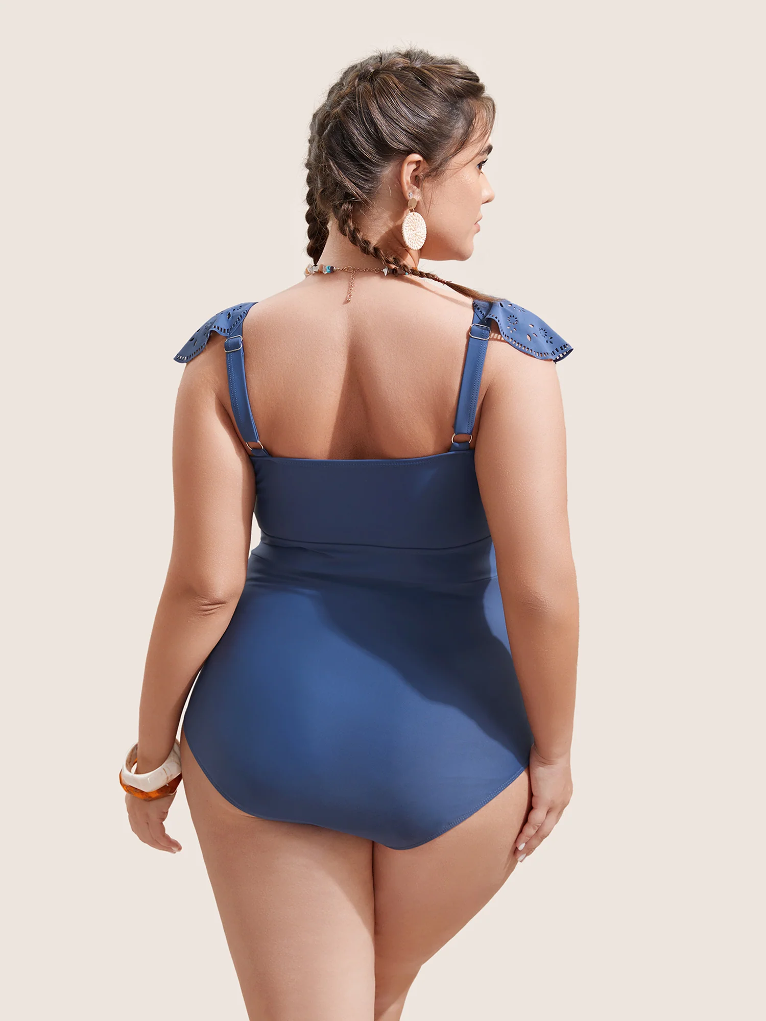 Plain Laser Cut Flutter Trim One Piece Swimsuit - Image 3