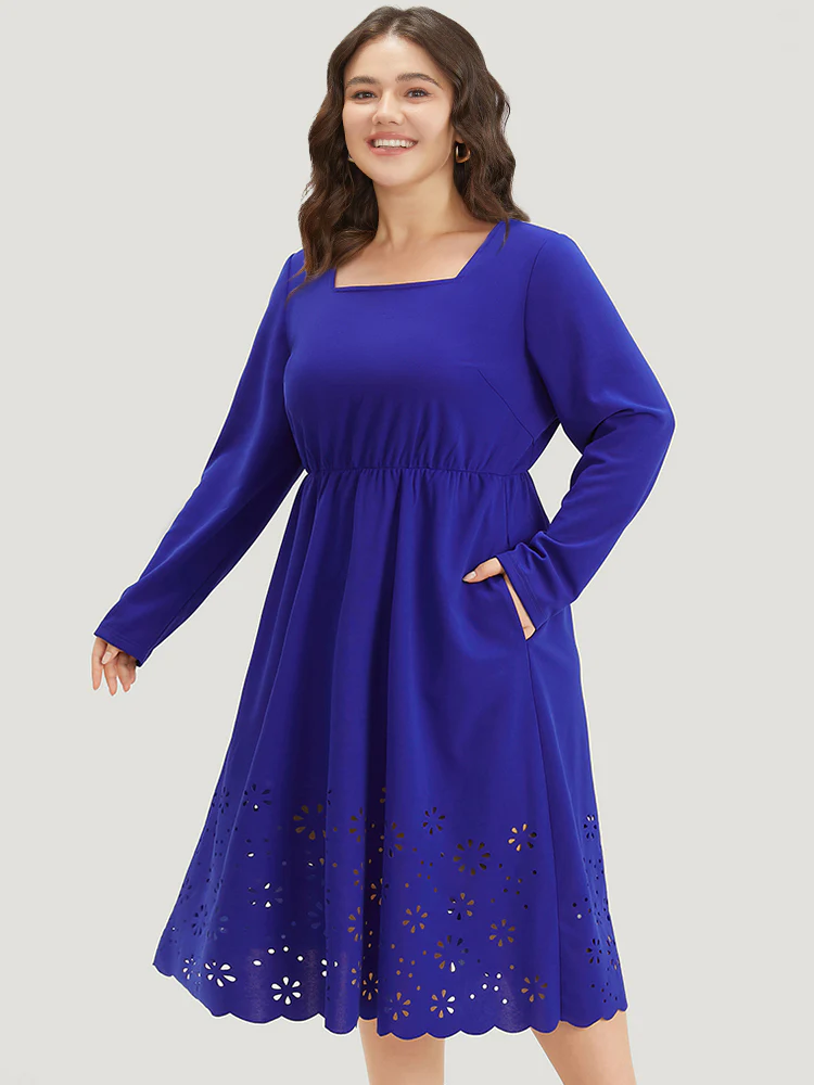 Plain Laser Cut Gathered Square Neck Dress - Image 3