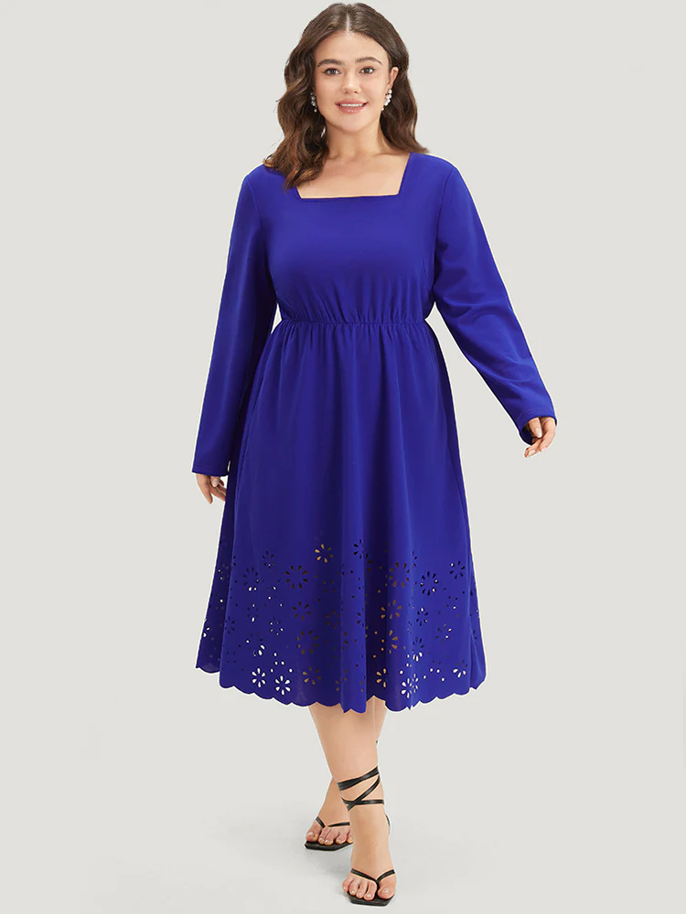 Plain Laser Cut Gathered Square Neck Dress - Image 4