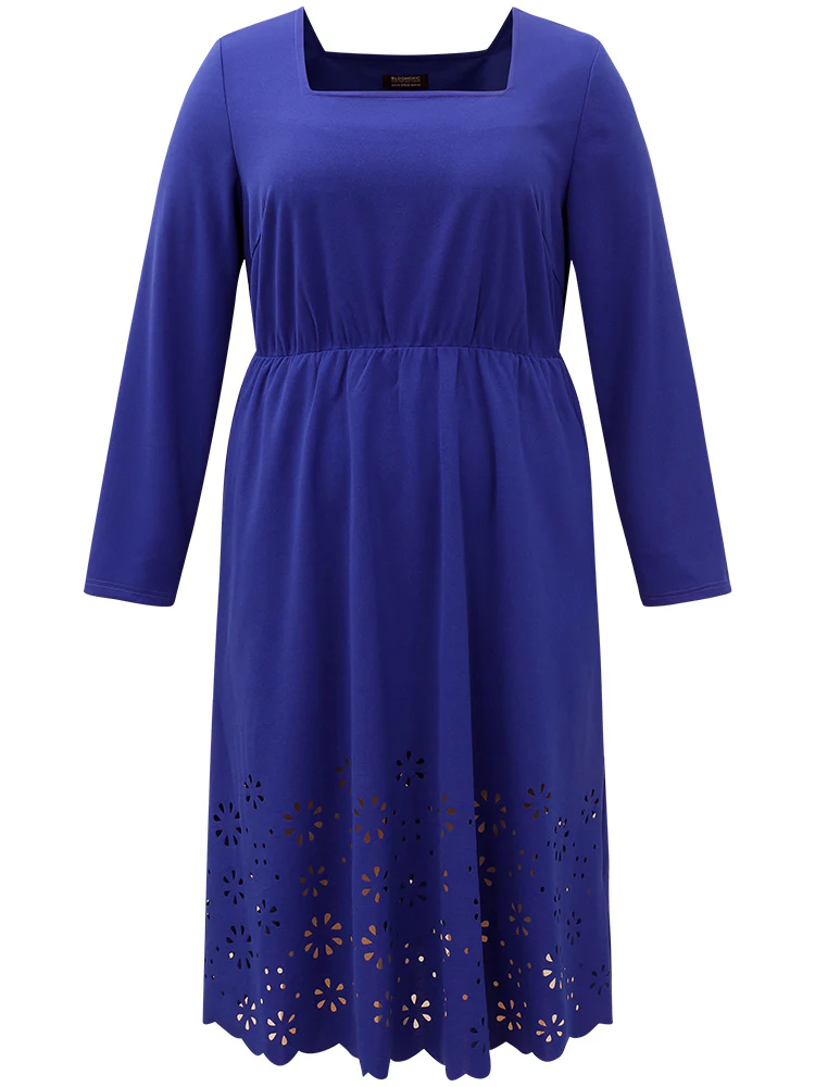 Plain Laser Cut Gathered Square Neck Dress - Image 8
