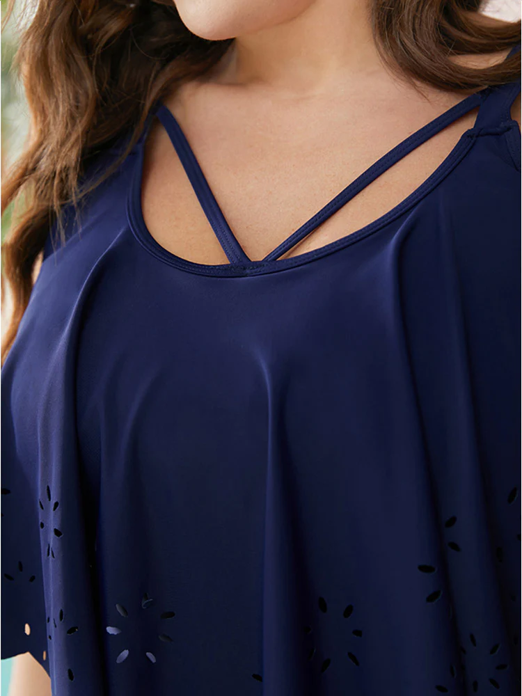 Plain Laser Cut Ruffle Trim Asymmetrical Neck One Piece Swimsuit - Image 5