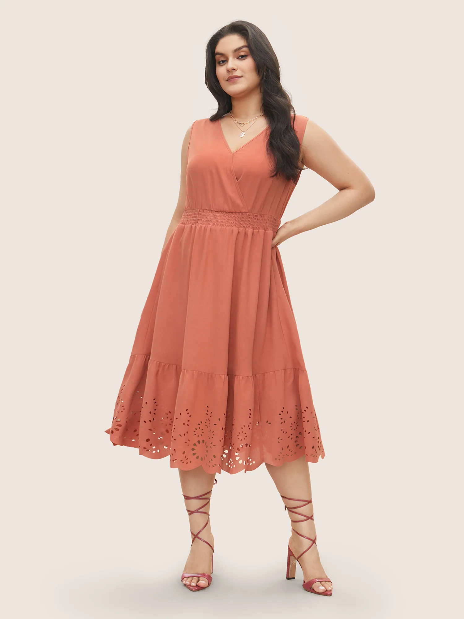 Plain Laser Cut Shirred Wrap Tank Dress - Image 2