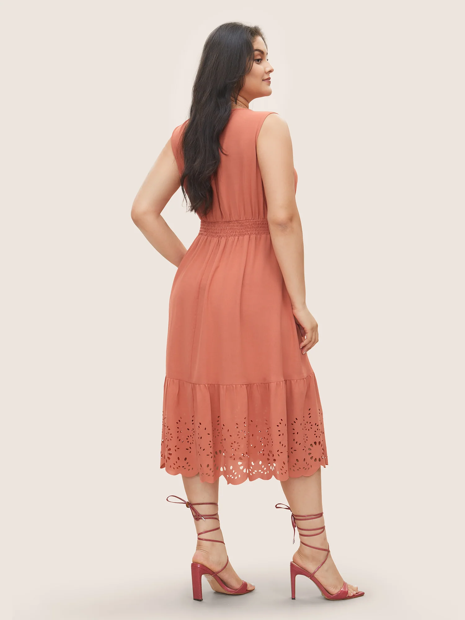 Plain Laser Cut Shirred Wrap Tank Dress - Image 3