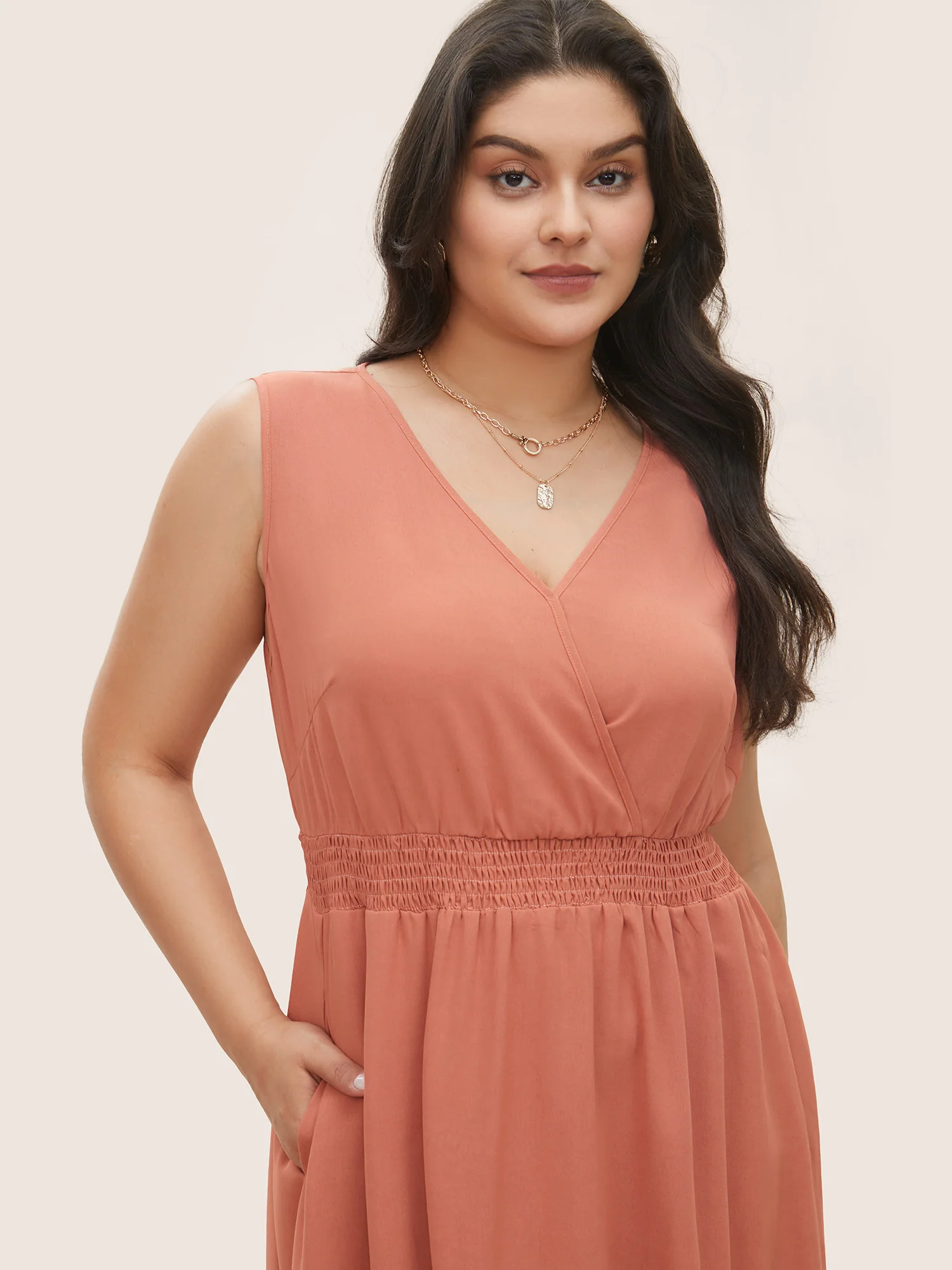 Plain Laser Cut Shirred Wrap Tank Dress - Image 5