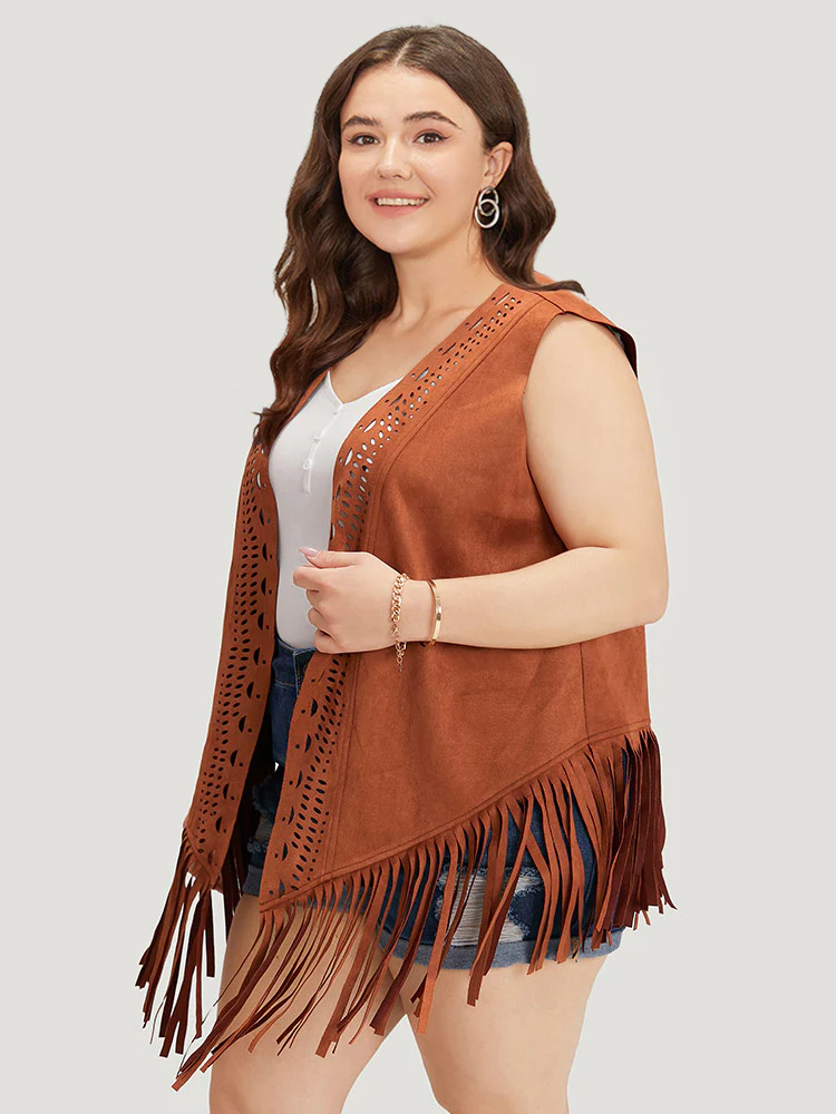 Plain Laser Cut Tassel Trim Sleeveless Kimono - Image 2