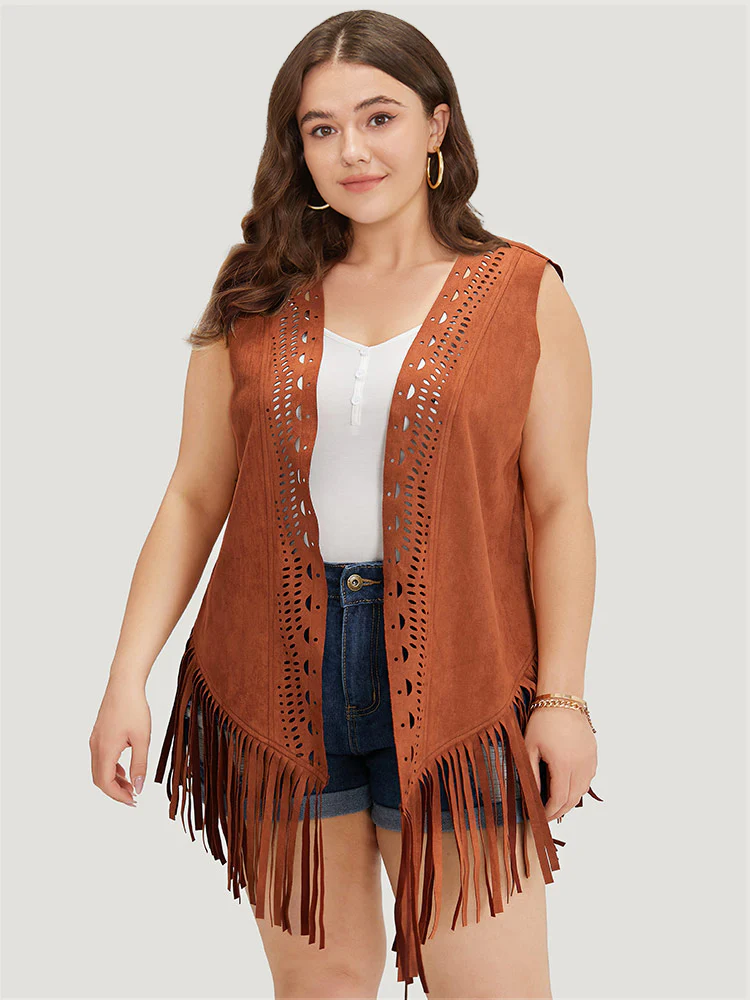 Plain Laser Cut Tassel Trim Sleeveless Kimono - Image 3
