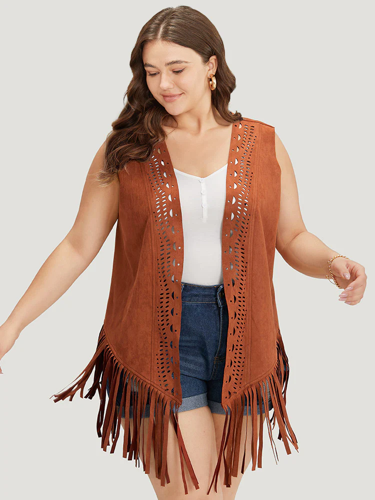 Plain Laser Cut Tassel Trim Sleeveless Kimono - Image 4