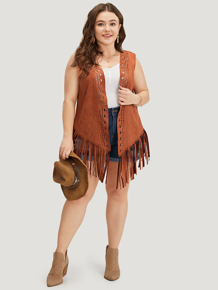 Plain Laser Cut Tassel Trim Sleeveless Kimono - Image 5