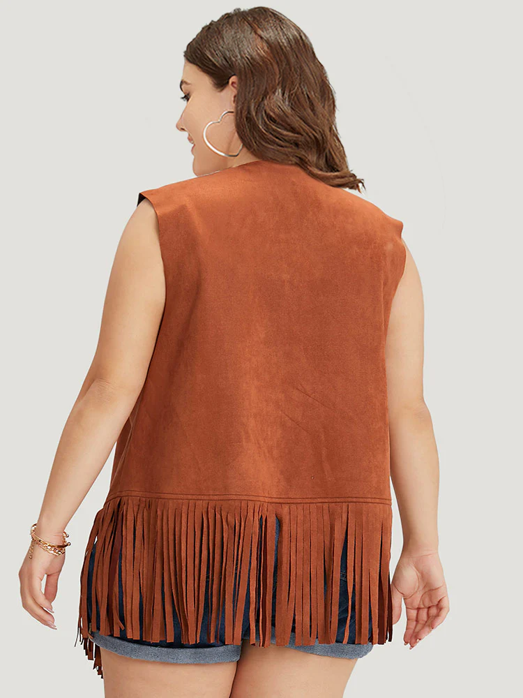 Plain Laser Cut Tassel Trim Sleeveless Kimono - Image 6