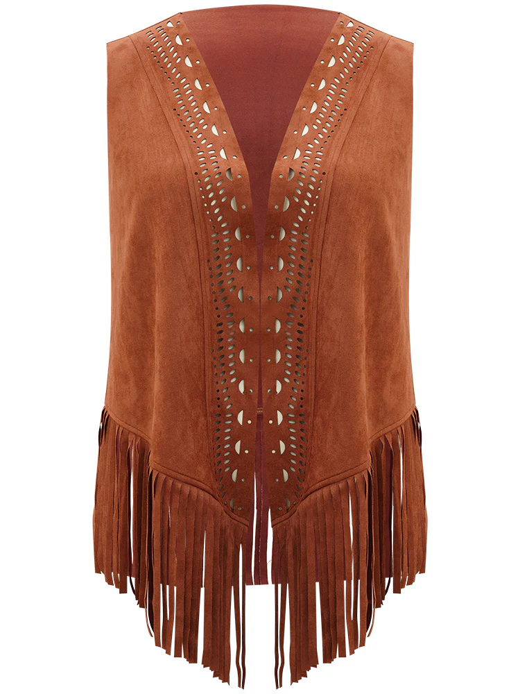 Plain Laser Cut Tassel Trim Sleeveless Kimono - Image 9
