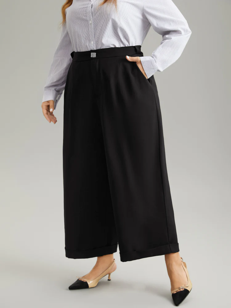 Plain Metal Detail Pocket Wide Leg Pants - Image 3