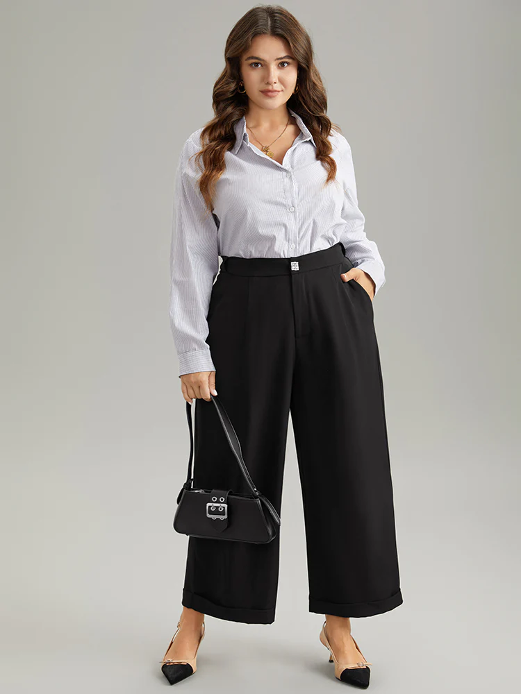 Plain Metal Detail Pocket Wide Leg Pants - Image 4