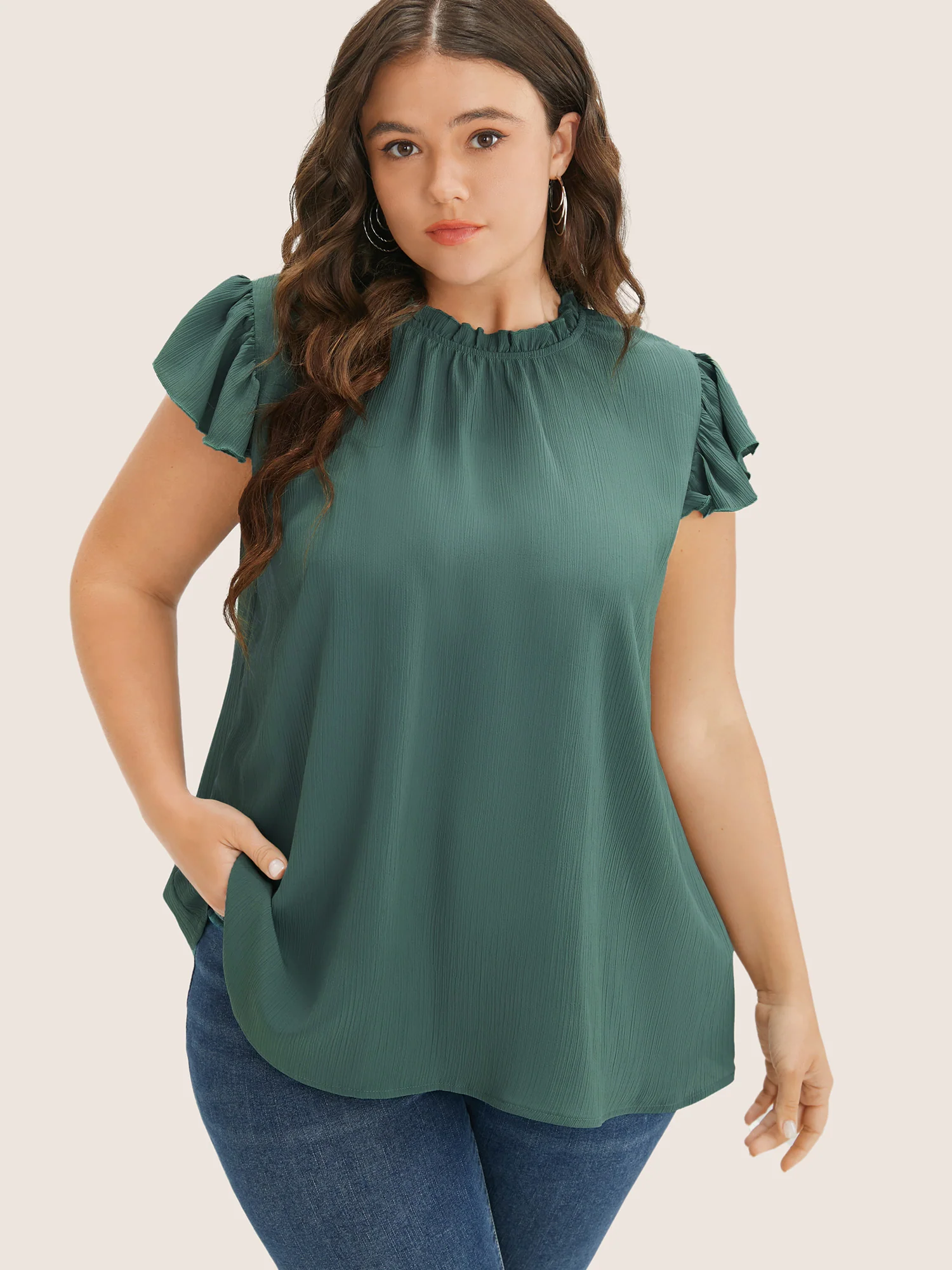 Plain Mock Neck Cap Sleeve Ruffle Trim Blouse - Image 2