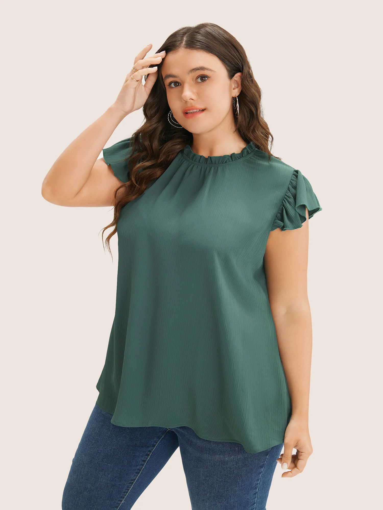Plain Mock Neck Cap Sleeve Ruffle Trim Blouse - Image 3
