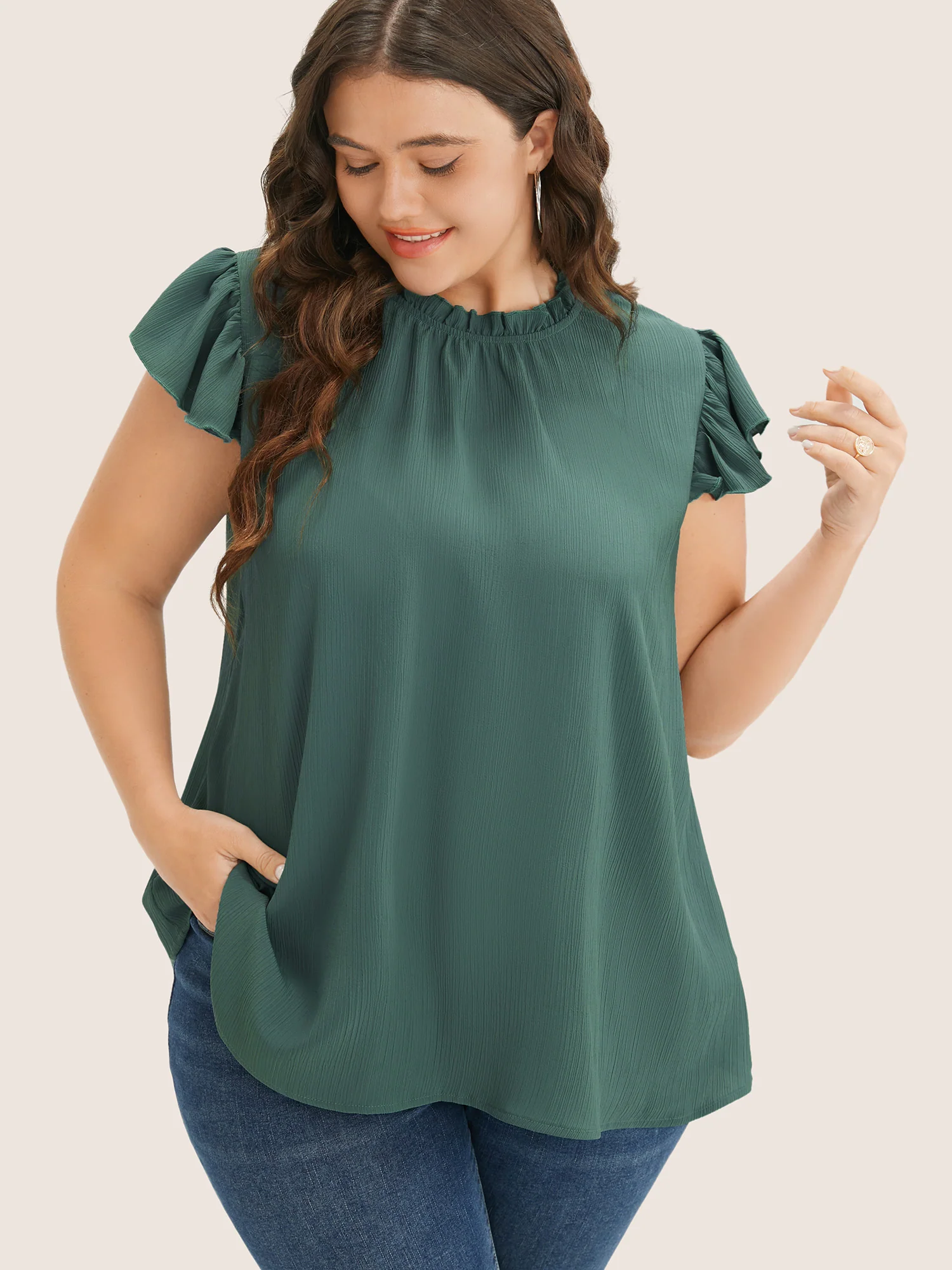 Plain Mock Neck Cap Sleeve Ruffle Trim Blouse - Image 4