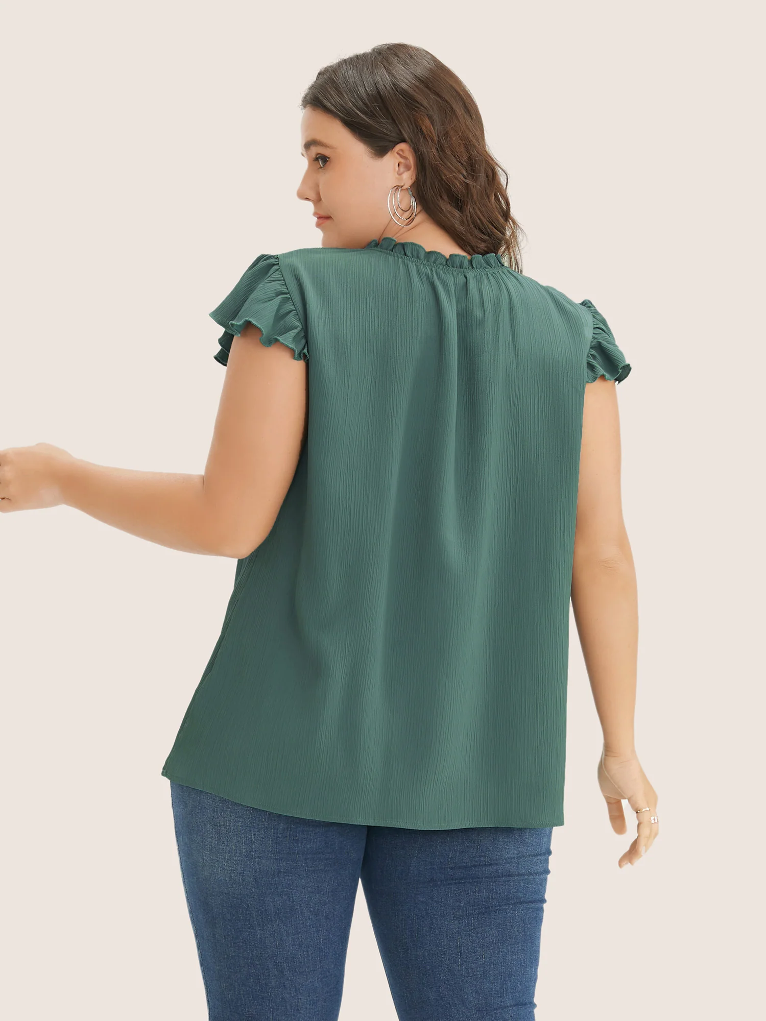 Plain Mock Neck Cap Sleeve Ruffle Trim Blouse - Image 5