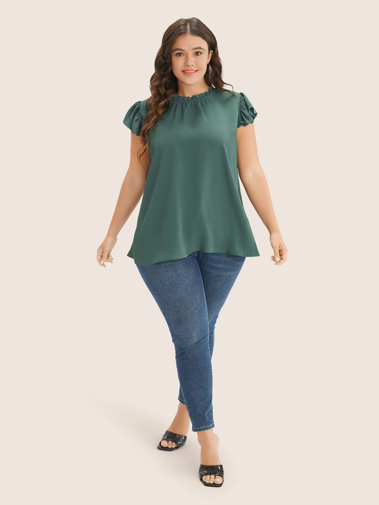 Plain Mock Neck Cap Sleeve Ruffle Trim Blouse - Image 6