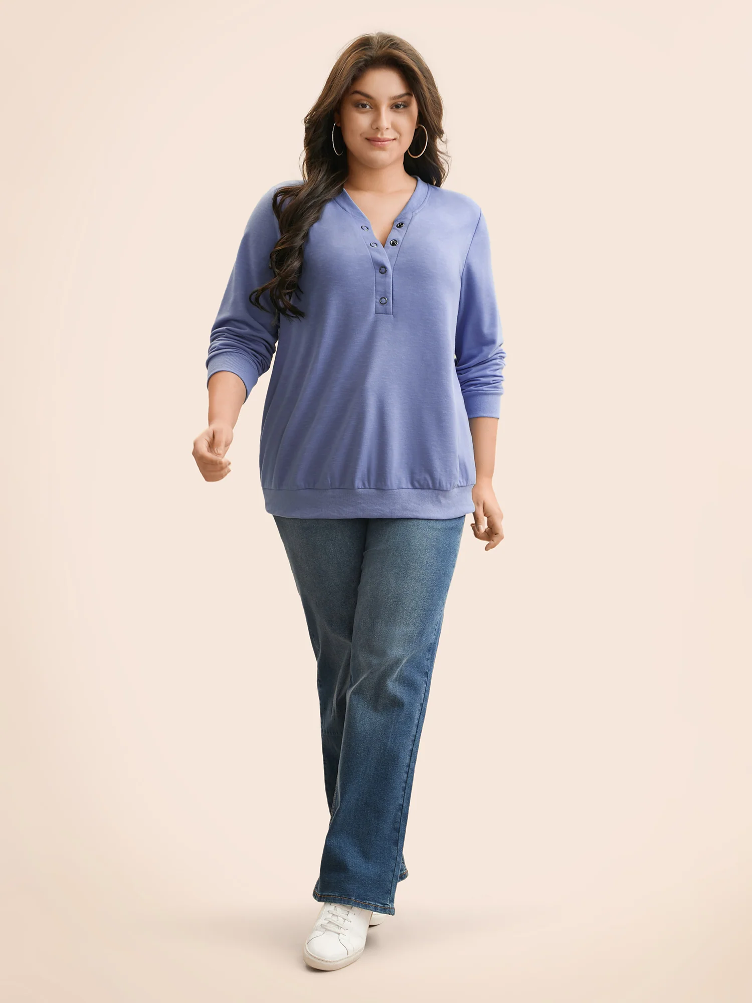 Plain Notched Collar Button Up Sweatshirt - Image 3