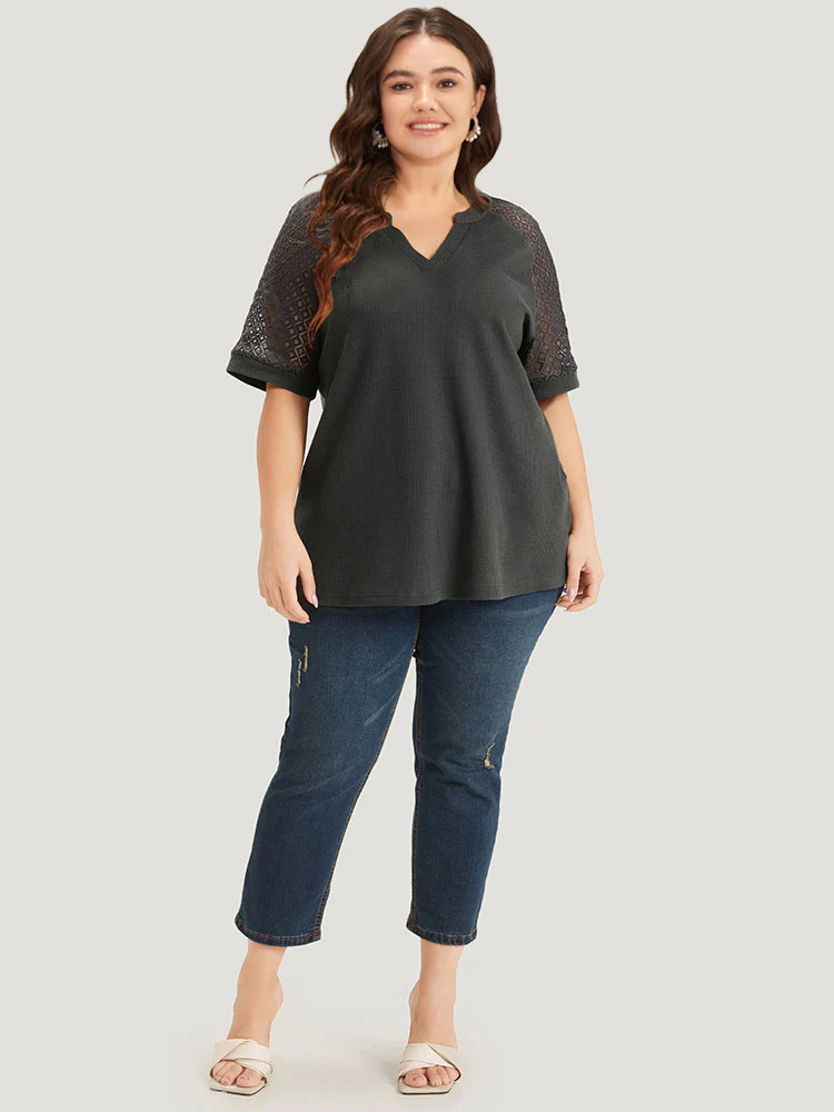 Plain Notched Crochet Lace Raglan Sleeve T-shirt - Image 5