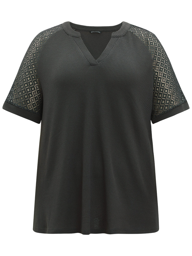 Plain Notched Crochet Lace Raglan Sleeve T-shirt - Image 8