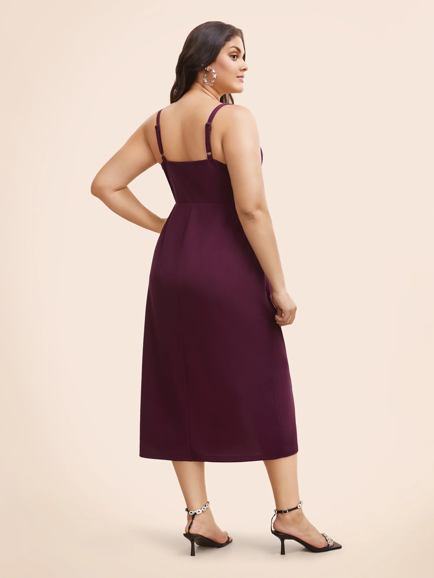 Plain Notched Pleated Detail Spaghetti Strap Wrap Hem Dress - Image 4