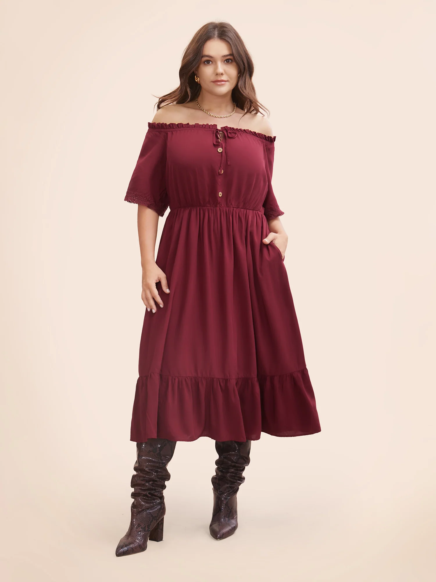 Plain Off Shoulder Lace Trim Ruffle Hem Dress - Image 2
