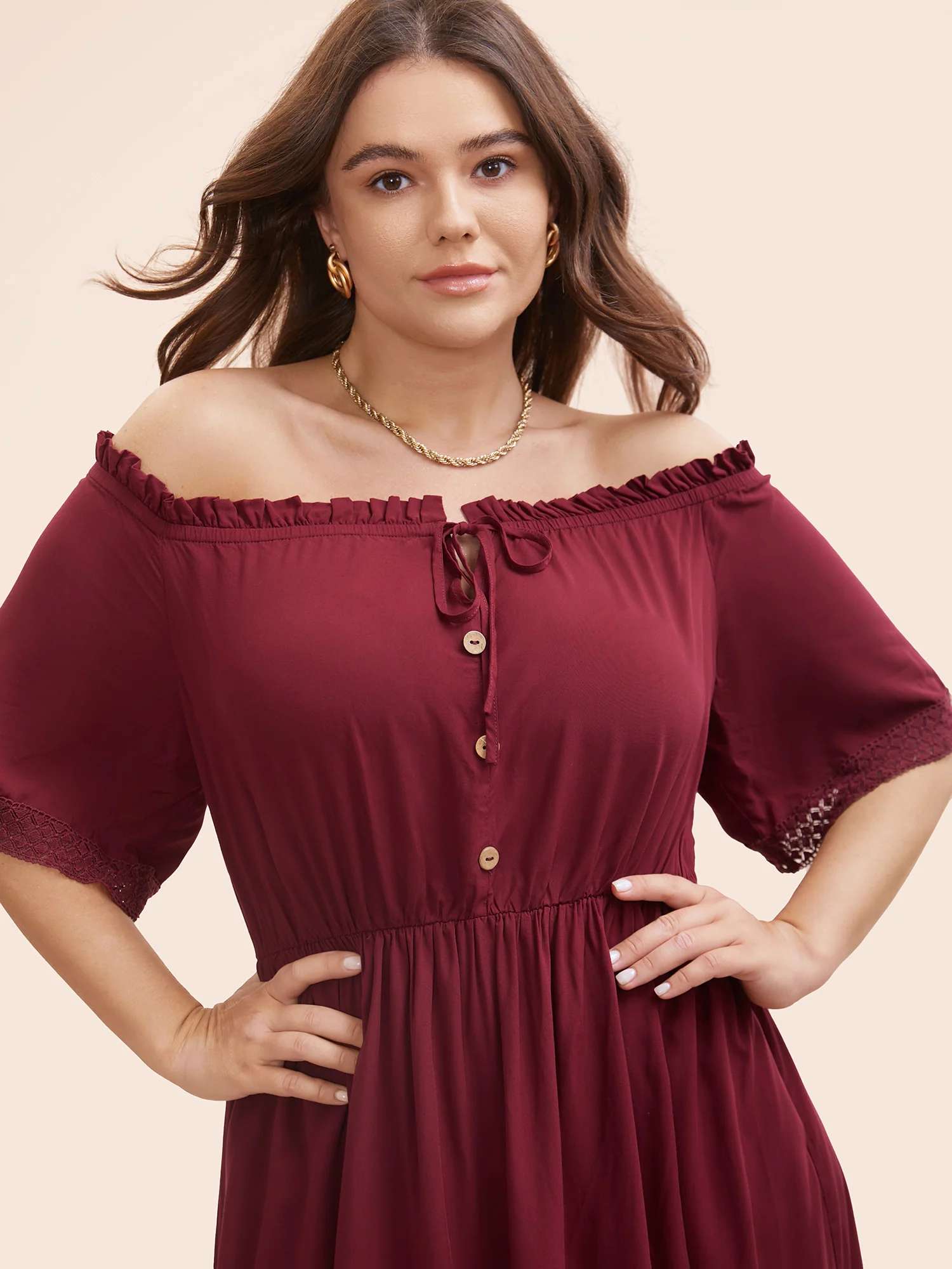 Plain Off Shoulder Lace Trim Ruffle Hem Dress - Image 3