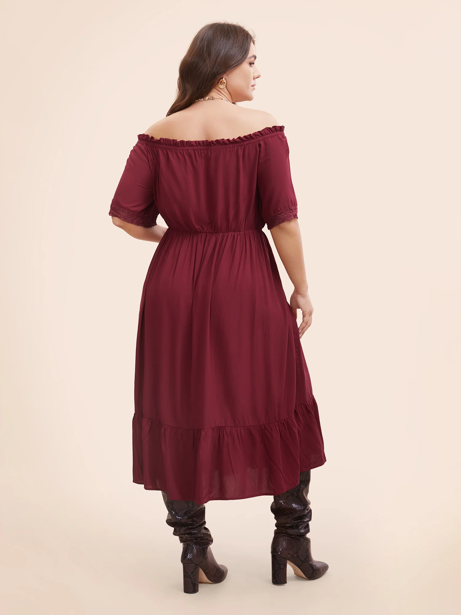 Plain Off Shoulder Lace Trim Ruffle Hem Dress - Image 4